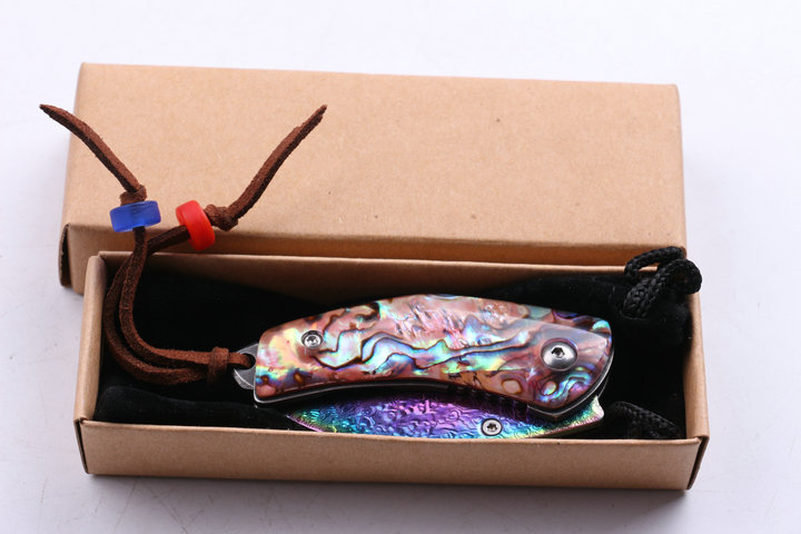 Damascus Waistline two types folding pocket knife with Natural Abalone handle UD403438